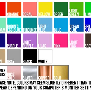 Puede incluir: Una carta de colores con una variedad de colores, incluyendo rojo, naranja, coral, amarillo, verde, verde claro, lima, verde agua, azul cielo, turquesa, azul claro, azul, azul oc&eacute;ano, azul brillante, azul oscuro, morado, morado claro, lila, rosa, rosa claro, marr&oacute;n, marr&oacute;n claro, gris, negro, blanco, met&aacute;licos brillantes, oro rosa, plata, cobre y oro. La carta tambi&eacute;n incluye el texto "Tenga en cuenta que los colores pueden parecer ligeramente diferentes de lo que aparecen dependiendo de la configuraci&oacute;n del monitor de su computadora."