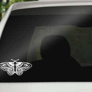 May include: A white die-cut vinyl decal of a moth, featuring intricate wing patterns and antennae. The decal is affixed to the rear window of a white vehicle. The moth design is a detailed illustration.