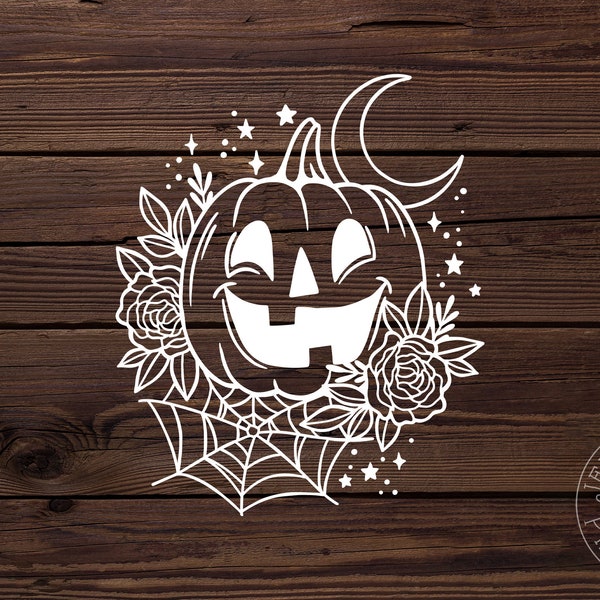 Jack O Lantern Pumpkin Decal with Moon, Flowers and Spiderweb waterproof Vinyl Decal