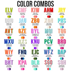 Puede incluir: Un gr&aacute;fico con 20 combinaciones de colores, cada una con dos colores. Las combinaciones de colores se representan mediante dos c&iacute;rculos de color uno al lado del otro. Cada combinaci&oacute;n tiene un acr&oacute;nimo de tres letras y una breve descripci&oacute;n de los colores. Por ejemplo, ELV es Granny Smith & Olive Green.