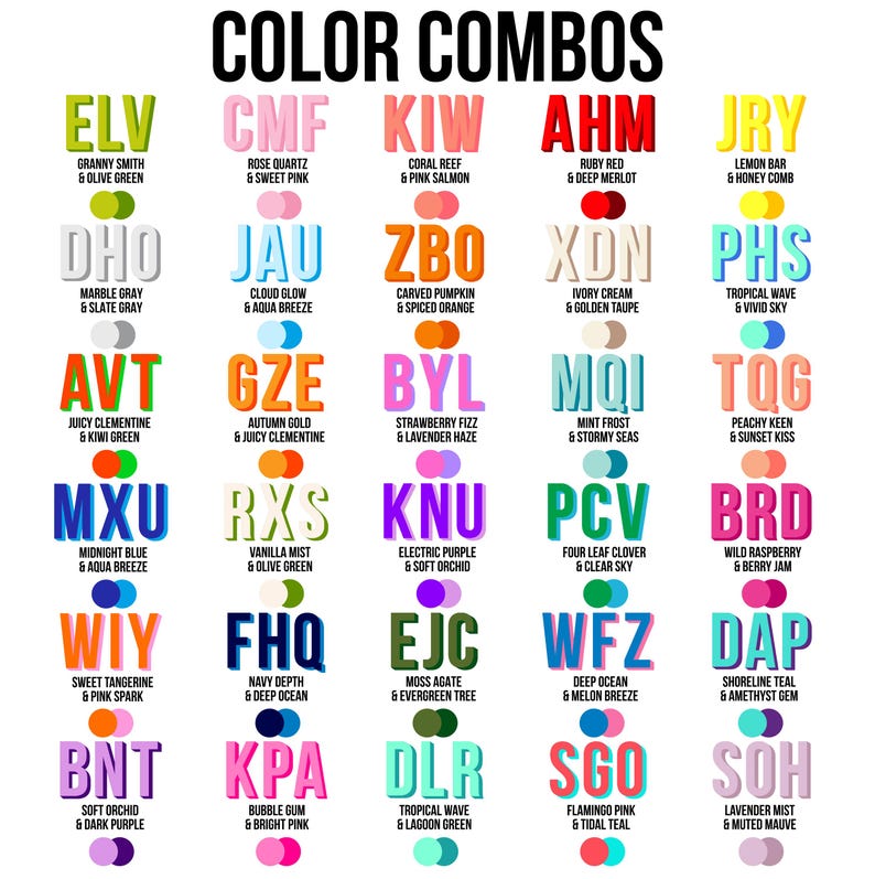 Puede incluir: Un gr&aacute;fico con 20 combinaciones de colores, cada una con dos colores. Las combinaciones de colores se representan mediante dos c&iacute;rculos de color uno al lado del otro. Cada combinaci&oacute;n tiene un acr&oacute;nimo de tres letras y una breve descripci&oacute;n de los colores. Por ejemplo, ELV es Granny Smith & Olive Green.