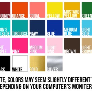 Puede incluir: Una carta de colores con 24 muestras de colores diferentes. Los colores incluyen rojo, burdeos, naranja, coral, amarillo, amarillo mostaza, verde, verde claro, verde agua, azul huevo de robin, turquesa, azul marino, azul, azul medio, azul claro, morado, morado medio, morado claro, rosa, rosa medio, rosa claro, marr&oacute;n, marr&oacute;n claro, beige, gris, negro, blanco, oro y plata. El texto "PLEASE NOTE, COLORS MAY SEEM SLIGHTLY DIFFERENT THAN THEY APPEAR DEPENDING ON YOUR COMPUTER'S MONITER SETTINGS" est&aacute; en la parte inferior de la carta.