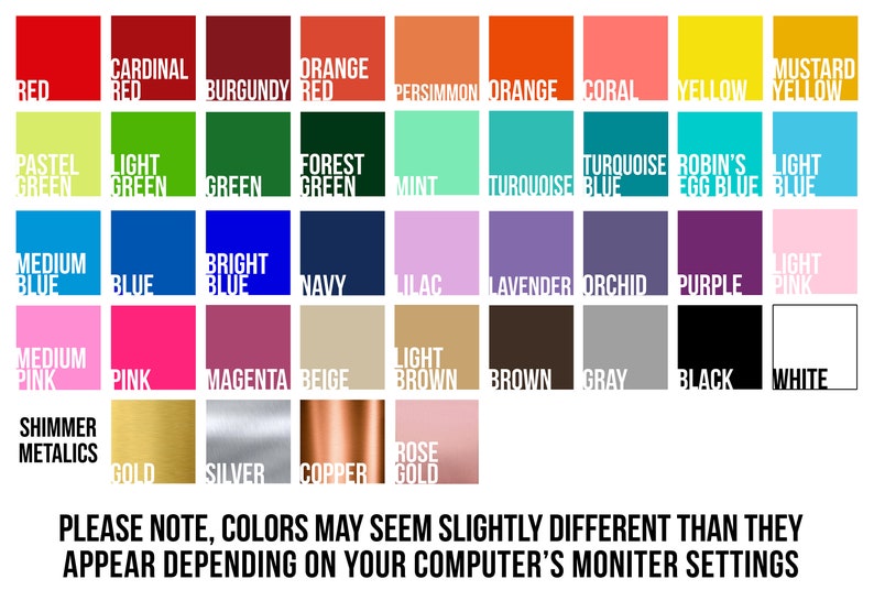 May include: A color chart with 36 different colors, including red, orange, yellow, green, blue, purple, pink, brown, gray, black, and white. The colors are arranged in a grid pattern and labeled with their names.
