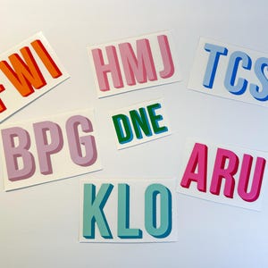 Puede incluir: Siete pegatinas de colores con diferentes letras que deletrean las palabras "FWI", "HMJ", "TCS", "BPG", "DNE", "ARU" y "KLO".