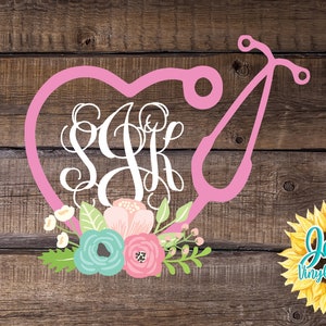 Floral Nurse Stethoscope Heart Monogram Car Window Decal | Floral Initials Car Window Decal Stethoscope Heart Monogram
