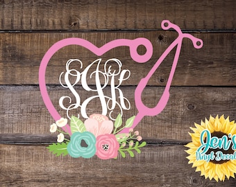 Floral Stethoscope Heart Monogram Car Decal - Nurse Gift