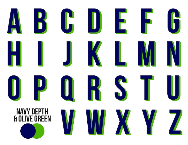 Puede incluir: Un alfabeto en azul marino y verde oliva con un efecto 3D. Las letras est&aacute;n delineadas en verde y tienen una sombra blanca. El texto "NAVY DEPTH & OLIVE GREEN" est&aacute; debajo del alfabeto.