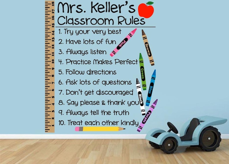 May include: Classroom rules poster with a red apple and a ruler. The rules are written in black text and include: Try your very best, Have lots of fun, Always listen, Practice makes perfect, Follow directions, Ask lots of questions, Don't get discouraged, Say please & thank you, Always tell the truth, Treat each other kindly.