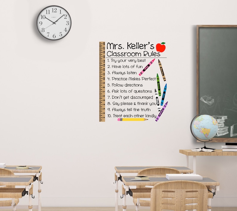 May include: Classroom rules poster with a ruler and crayons. The poster has the text 'Mrs. Keller's Classroom Rules' and a list of rules including 'Try your very best', 'Have lots of fun', 'Always listen', 'Practice makes perfect', 'Follow directions', 'Ask lots of questions', 'Don't get discouraged', 'Say please & thank you', 'Always tell the truth', and 'Treat each other kindly'.