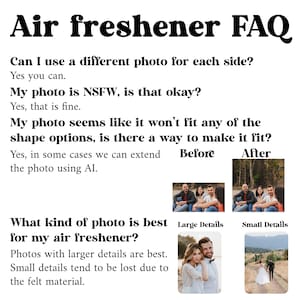 May include: A FAQ page about air fresheners with photos showing how to make a photo fit the shape of the air freshener and how larger details are better than smaller details for the air freshener.