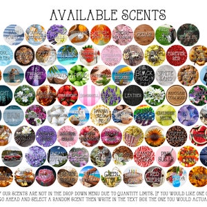 May include: A colorful chart of available scents for candles, soaps, or other products. The scents are organized in a circle with each scent listed in a white circle with a colored background. Some of the scents include: Baby Powder, Orange Creamsicle, Pumpkin Pie, Cedar, Cool Water, Cinnamon Cake, Coconut, Apple, Patchouli, Night Air, Vanilla, Apple Cinnamon, Sugar Kiss, Bay Rum, Green Tea, Red Cherry, and Watermelon.