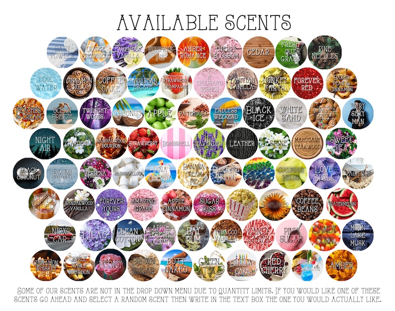 May include: A colorful chart of available scents for candles, soaps, or other products. The scents are organized in a circle with each scent listed in a white circle with a colored background. Some of the scents include: Baby Powder, Orange Creamsicle, Pumpkin Pie, Cedar, Cool Water, Cinnamon Cake, Coconut, Apple, Patchouli, Night Air, Vanilla, Apple Cinnamon, Sugar Kiss, Bay Rum, Green Tea, Red Cherry, and Watermelon.