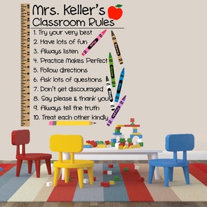 May include: Classroom rules poster with a red apple, a ruler, and crayons. The rules are: Try your very best, Have lots of fun, Always listen, Practice makes perfect, Follow directions, Ask lots of questions, Don't get discouraged, Say please & thank you, Always tell the truth, Treat each other kindly.