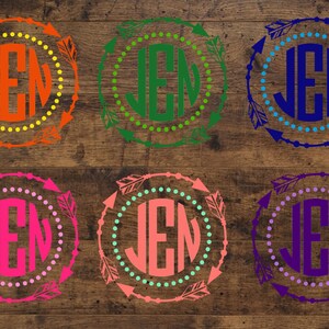 May include: Six different colored round vinyl stickers with a white monogram "JEN" in the center. Each sticker has a circle of dots around the monogram and a ring of arrows around the dots.