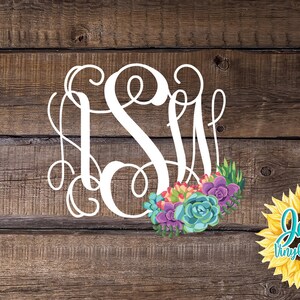 May include: White monogram with the letters "S M" in a script font, with a floral design of succulents in shades of pink, purple, green, and blue. The background is a rustic wood texture. The image also includes a sunflower with the text "Jen's Vinyl Decals".