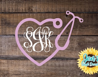 Nurse Stethoscope Heart Monogram Car Window Decal | Initials Car Window Decal Stethoscope Heart Monogram