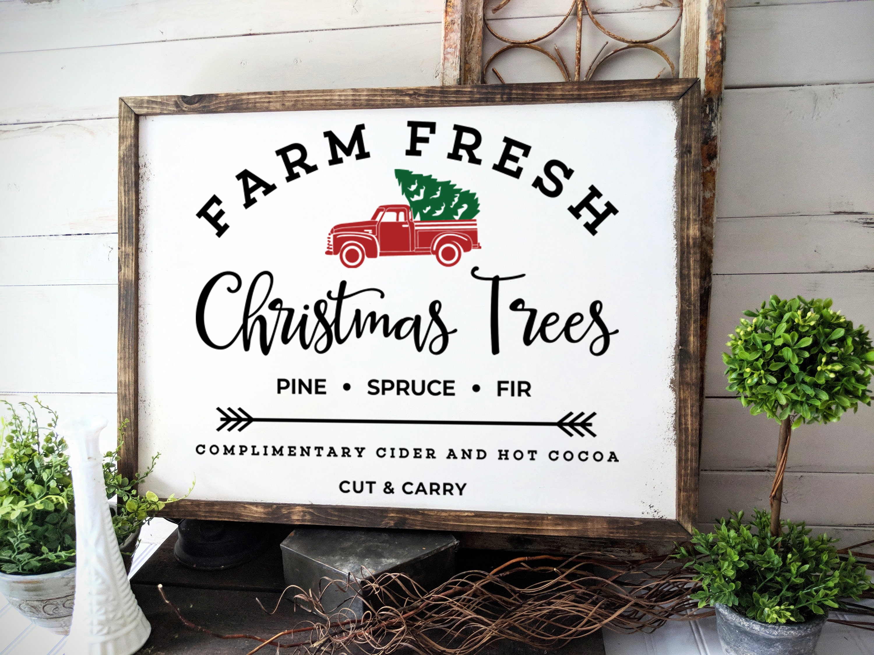 Farm Fresh Christmas Trees Wall Decal Christmas Decor Old Red Etsy