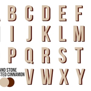 Puede incluir: Un conjunto de letras may&uacute;sculas en un esquema de color marr&oacute;n y beige. Las letras est&aacute;n en estilo 3D con un efecto de sombra. Las letras est&aacute;n dispuestas en orden alfab&eacute;tico. El texto "SAND STONE & TOASTED CINNAMON" est&aacute; debajo de las letras. Hay dos c&iacute;rculos debajo del texto, uno beige y uno marr&oacute;n.