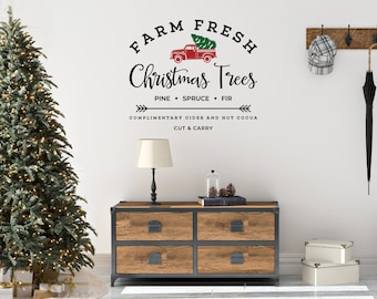 Adesivo da parete con alberi di Natale freschi di fattoria: decorazione per camion rosso (kit fai da te per cartelli)