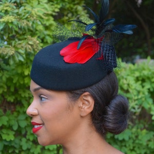 Black Wool Pill Box Hat With Red Feathers, Black Velvet Bow and Veiling-Memorial or Funeral Hat-Graduation Hat-Races hat-Ascot-Polo Matches image 1