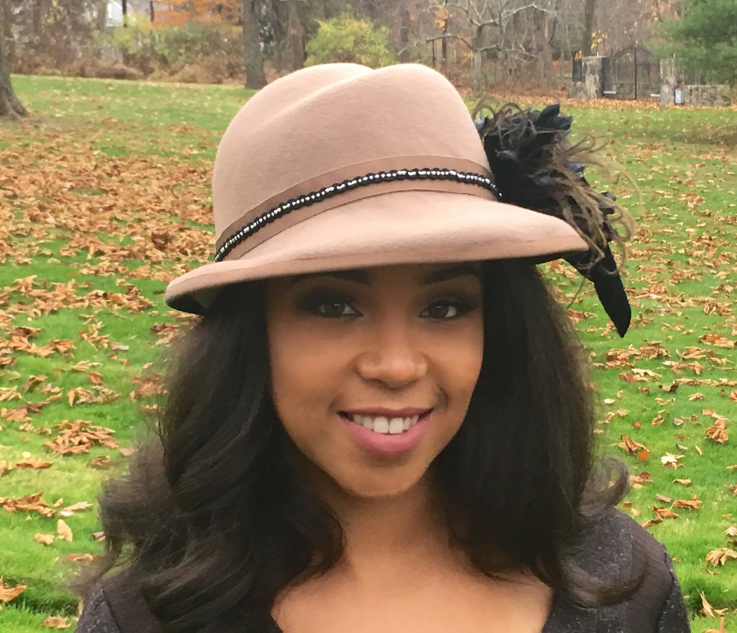 Tan Wool Felt Fedora Style Hat With Black Trim and Ostrich 