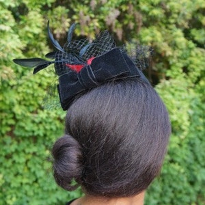 Black Wool Pill Box Hat With Red Feathers, Black Velvet Bow and Veiling-Memorial or Funeral Hat-Graduation Hat-Races hat-Ascot-Polo Matches image 5
