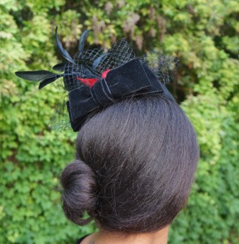 Black Wool Pill Box Hat With Red Feathers, Black Velvet Bow and Veiling-Memorial or Funeral Hat-Graduation Hat-Races hat-Ascot-Polo Matches image 5