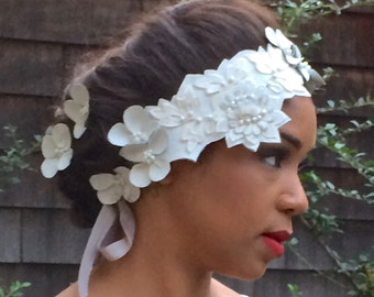 White Lambs Skin Leather Bridal Head Piece-Lace-Beads-Floral-Handmade-Silver Veiling Tie-Unique Headpiece-Bridal Headwear-Leather Floral Hat