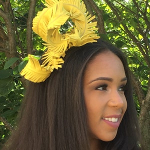 Bright Canary Yellow Leather Feather Fascinator MARDI GRAS Weddings-Bridal-Race Hat-Polo-Holiday-Teen Headband-Special Occasion Luncheons image 2