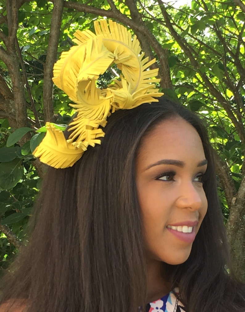 Bright Canary Yellow Leather Feather Fascinator MARDI GRAS Weddings-Bridal-Race Hat-Polo-Holiday-Teen Headband-Special Occasion Luncheons image 2