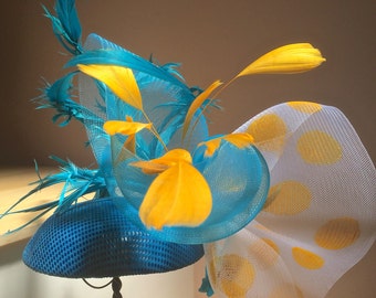 American Pharoah, Belmont Stakes Races Triple Crown Fascinator Hat in Turquoise and Yellow with Feathers-Race Hat-Triple Crown-Royal Ascot