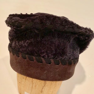 Black and Brown shearling leather hat with black leather lashing-warm winter hat-unisex hat-size Medium