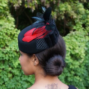 Black Wool Pill Box Hat With Red Feathers, Black Velvet Bow and Veiling-Memorial or Funeral Hat-Graduation Hat-Races hat-Ascot-Polo Matches image 4