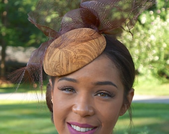 Tan and Brown Suede Stenciled Fascinator with Brown Crinoline. Perfect for the Races,Cocktail Party Hat-Suede! Wedding or Special Occasion.