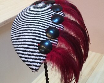 Black and White striped Fascinator, Hat with deep Red feather Trim, Holiday Fascinator or Derby Race Hat-Christmas hat-Wedding headpiece-Red