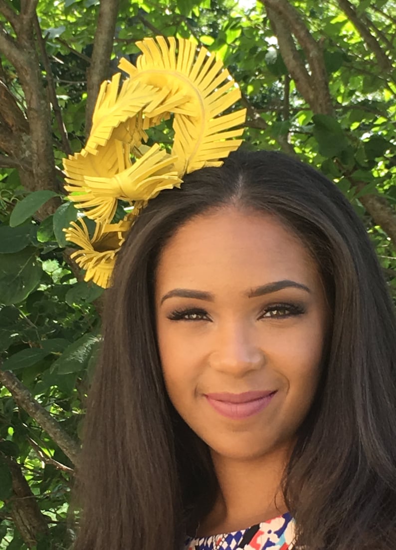 Bright Canary Yellow Leather Feather Fascinator MARDI GRAS Weddings-Bridal-Race Hat-Polo-Holiday-Teen Headband-Special Occasion Luncheons image 1