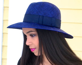 Hand Dyed Royal Blue Straw Fedora-Summer Hat-Belmont race track-Preakness-Wedding hat-Womans Hat-Everyday Straw Hat-Classic Straw Fedora Hat