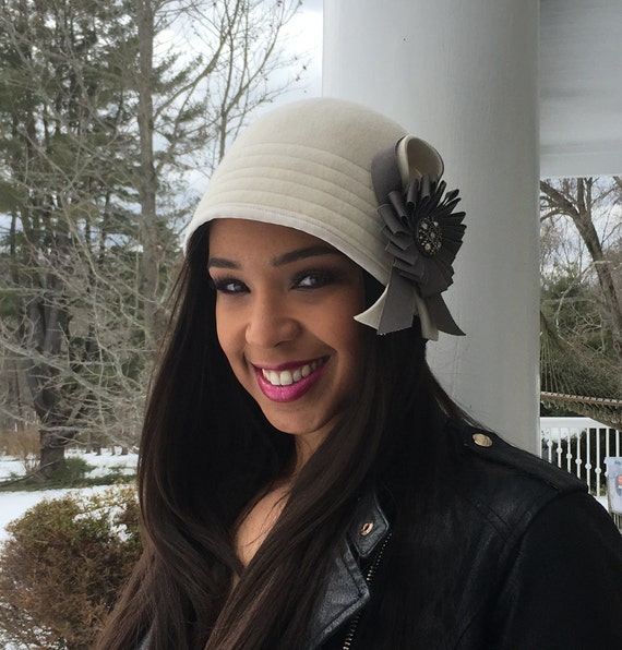 Cloche Hat- Wool Church Hat- Pink Cloche With Ivory Trim 