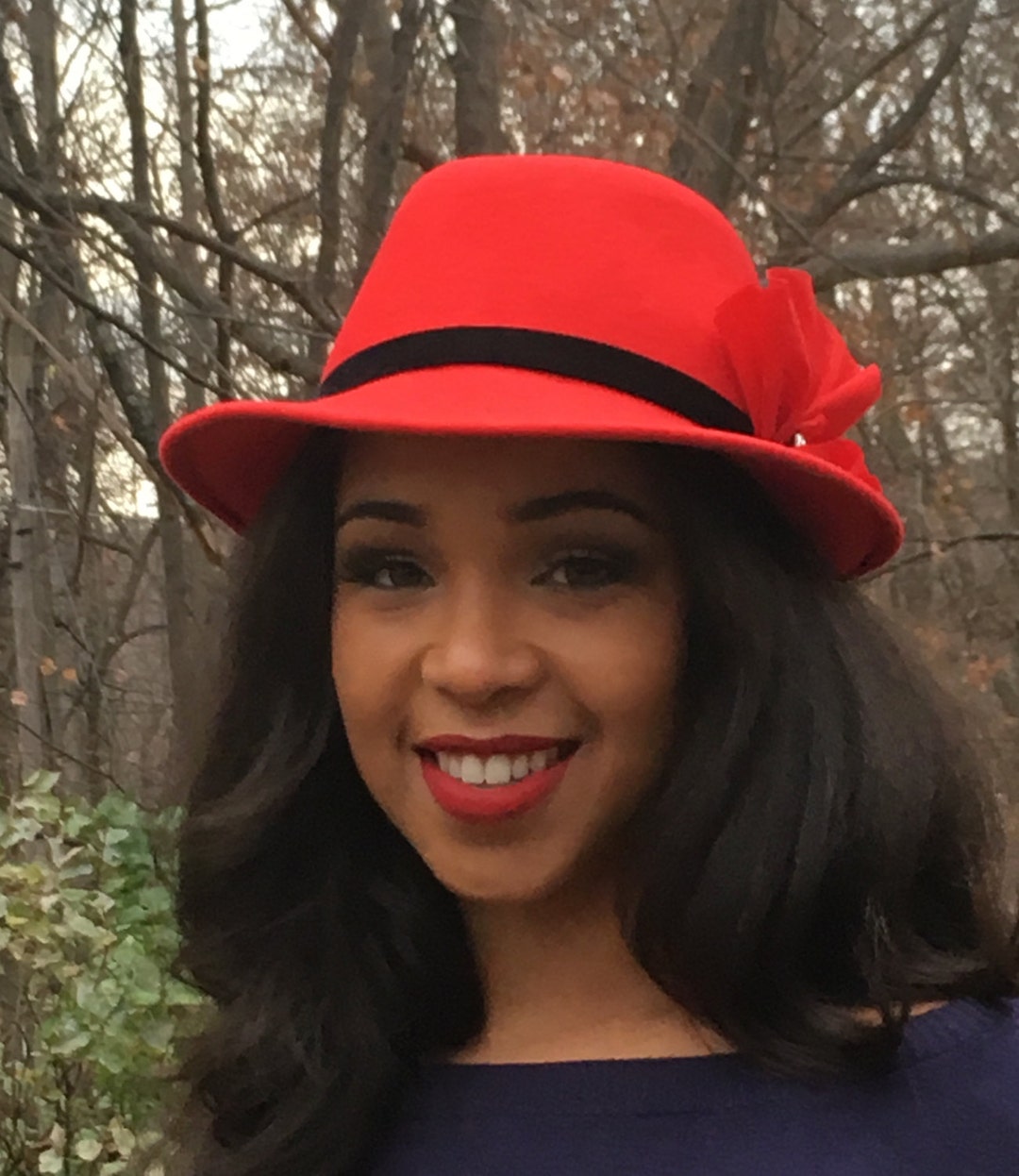 Red Wool Felt Fedora With Black Velvet Band, Rhinestone  display picture 1