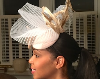 Fancy Beige and White Fascinator- White Pleated Crinoline-Tan Feathers- Royal Ascot Hat-Polo Matches Hat-Evening Hat-Church Hat-Wedding Hat-