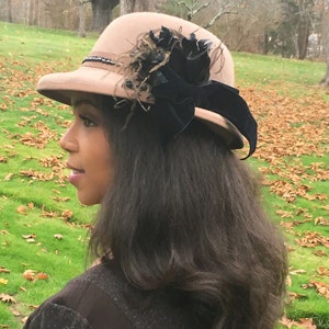 Tan Wool Felt Fedora Style Hat with Black Trim and Ostrich Feathers-Silver bead Trim on Band-Black Velvet Ribbon Bow-Church Hat-Wedding! WOW