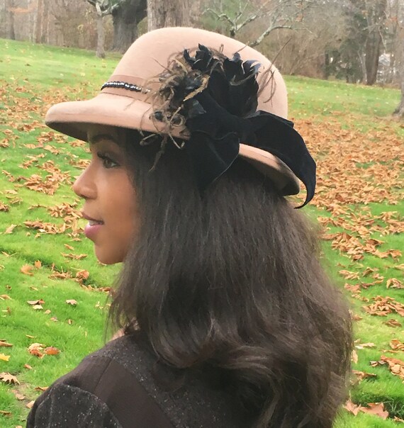 Tan Wool Felt Fedora Style Hat With Black Trim and Ostrich  display picture 2