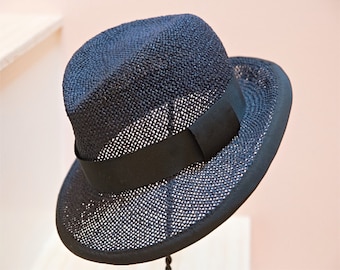 BLACK Straw Unisex Fedora Hat for Summer. Black Grosgrain Ribbon Trim. Mens or Womans Hat. Basic Black Fedora. Handmade Hat for Summer