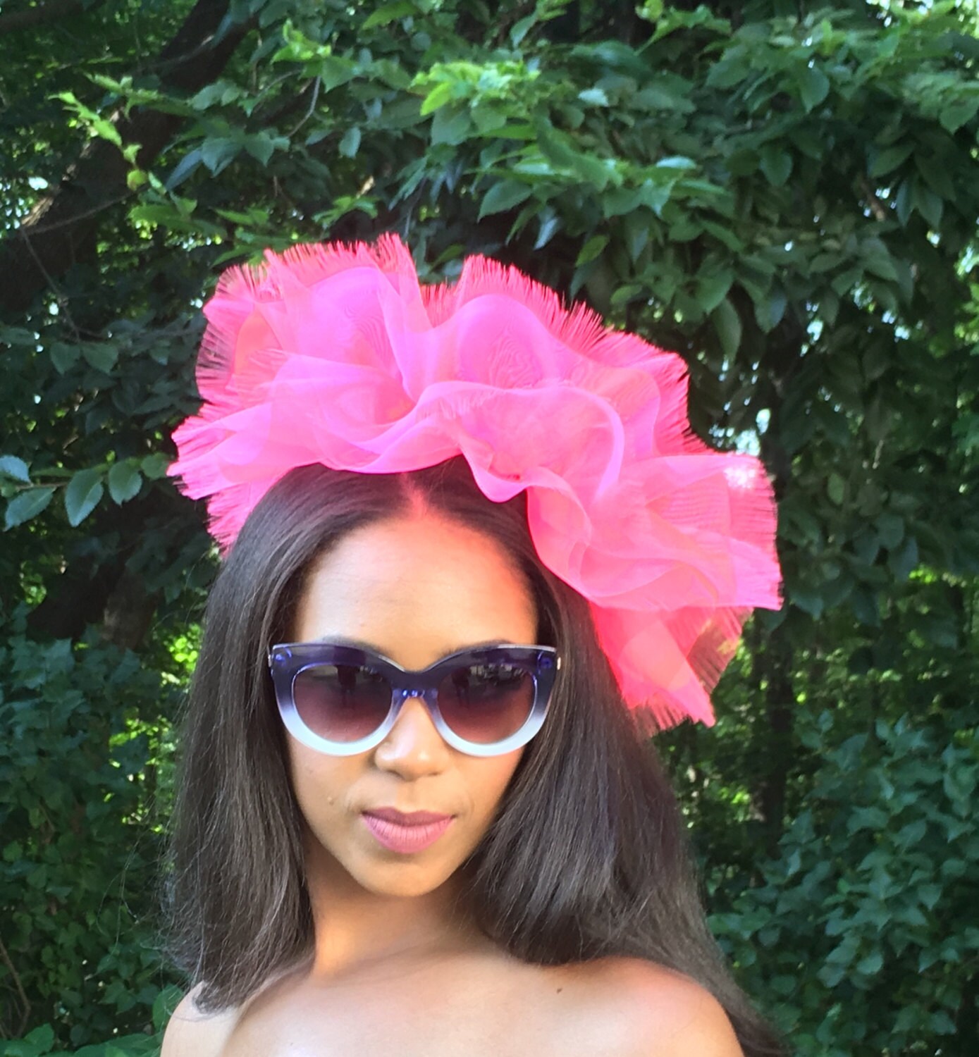 Hot Pink Organza Frilly Fascinator, Party Hat, Wedding  display picture 1