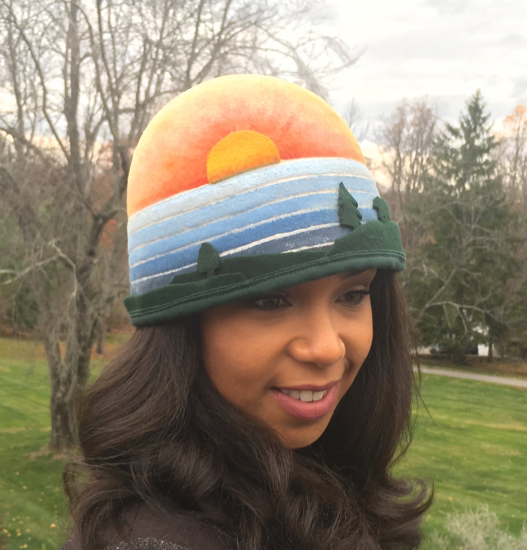 Hand Painted Sunset Cloche! WEARABLE ART! White Cloche Hat  display picture 3