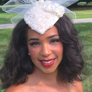 Wedding Hat with pearls and sequins, Satin wedding headpiece, hat with short veil. Ivory Wedding headpiece with Beading and Veiling