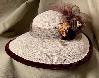 EUC Elegant Women\'s Straw Boater Hat with Brown Ribbon and Floral Accent Straw Boater Hat With Velvet Ribbon - Elegant Canotier Hat  main image 4