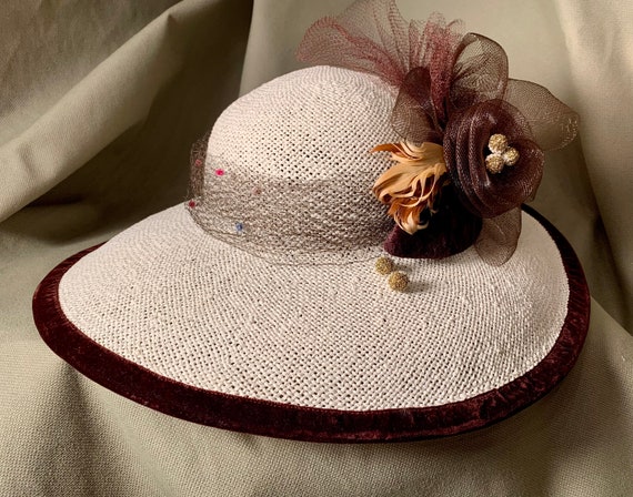 Ivory Straw Wide Brim Hat- Brown Trim of Feathers and 