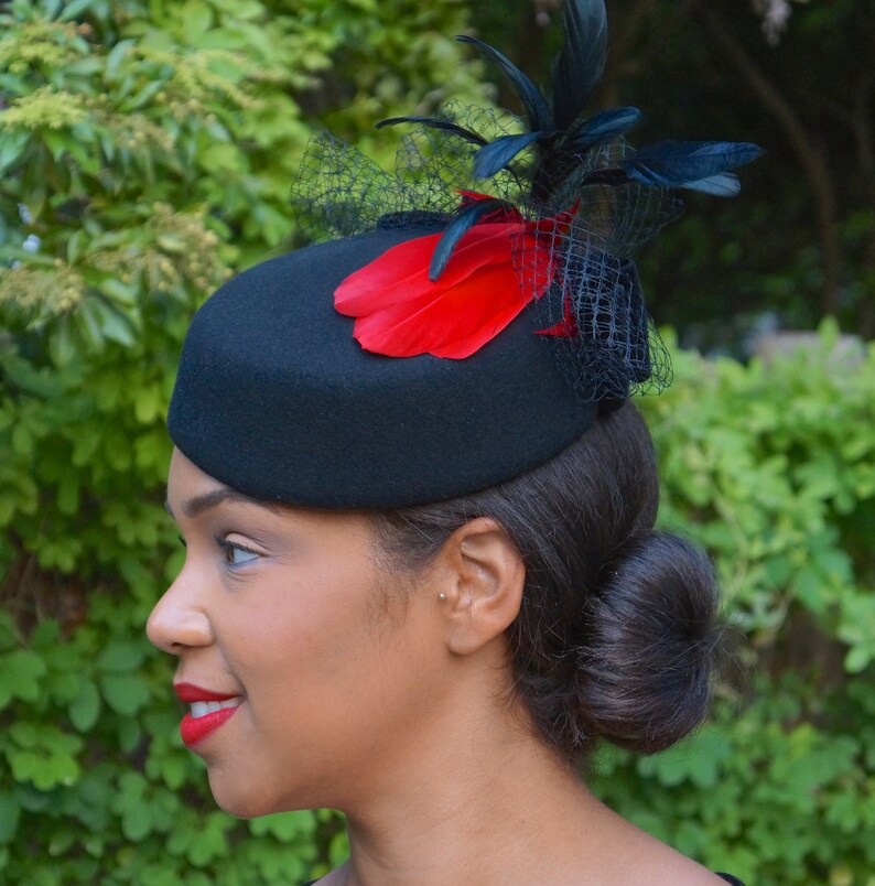 Black Wool Pill Box Hat With Red Feathers, Black Velvet Bow and Veiling-Memorial or Funeral Hat-Graduation Hat-Races hat-Ascot-Polo Matches image 1