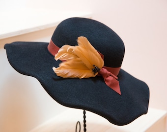 Rich Black Wide Brimmed Velour Hat with Vintage Tan Feathers, Rust Ribbon and Black Stamens-Winter Races-Funeral Hat-Church Hat-Holiday Hat